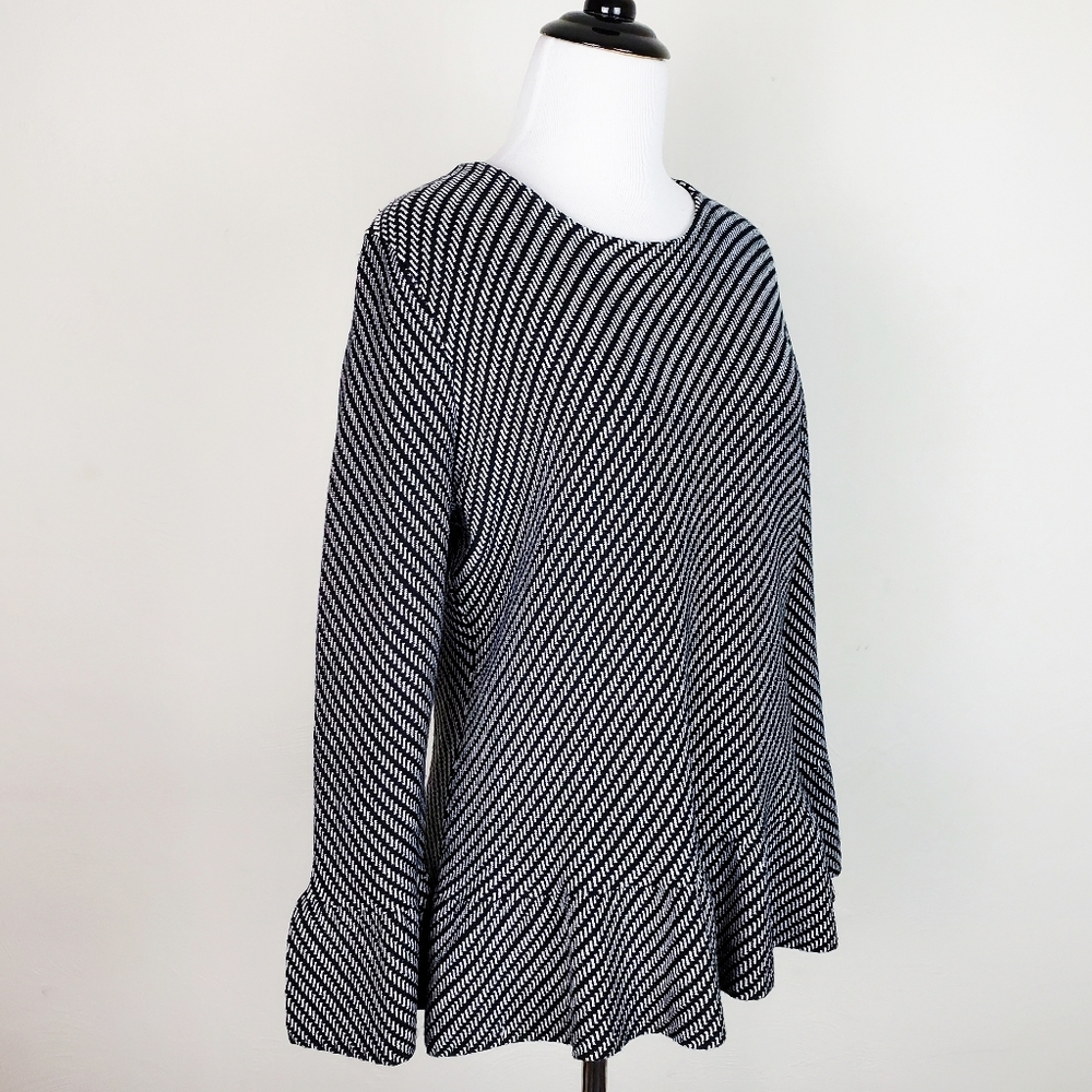 Ann Taylor Top Sweater Peplum Bell Sleeves Career Metallic Black Neutral Elegant - Picture 2 of 10